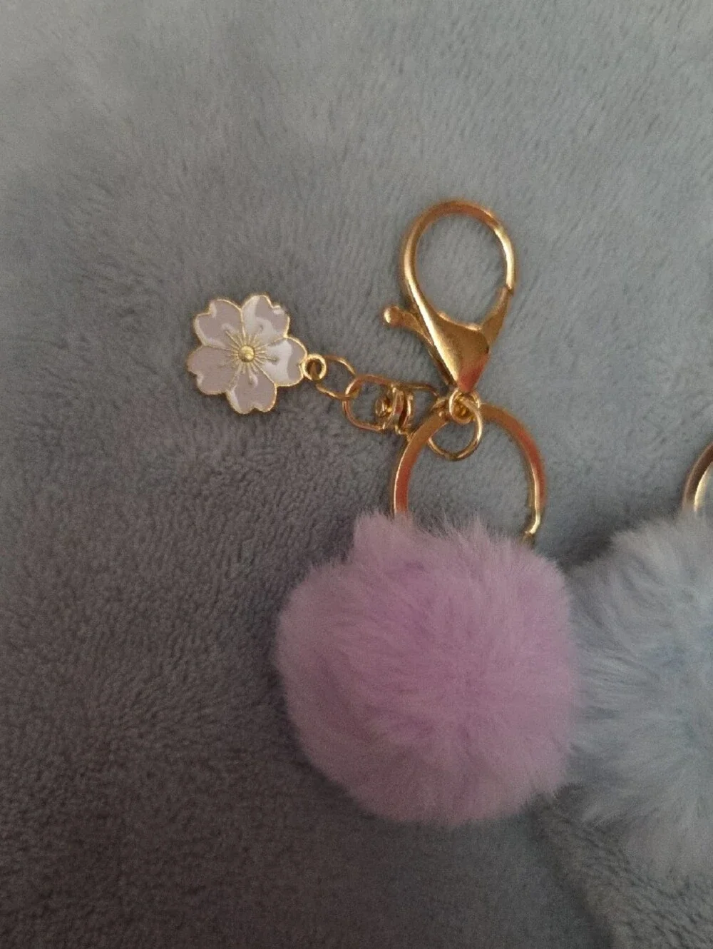 Keychains 2 Gold Pom-Pom Keychain with Pink and Light Blue Fur  NWOT
